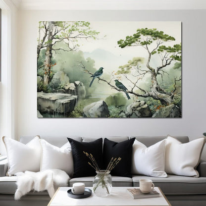 Misty Mountain Aviary Serene Canvas Wall Art