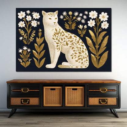 Golden Botanical Leopard Cat Canvas Wall Art