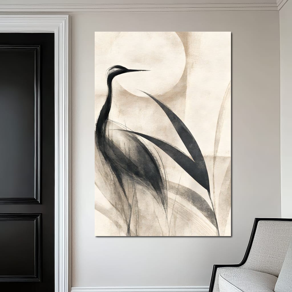 Lone Crane Watching The Pale Disc Canvas Wall Art