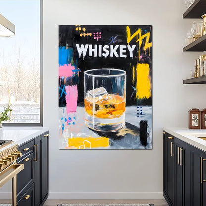Neon Whiskey On The Rocks Canvas Wall Art