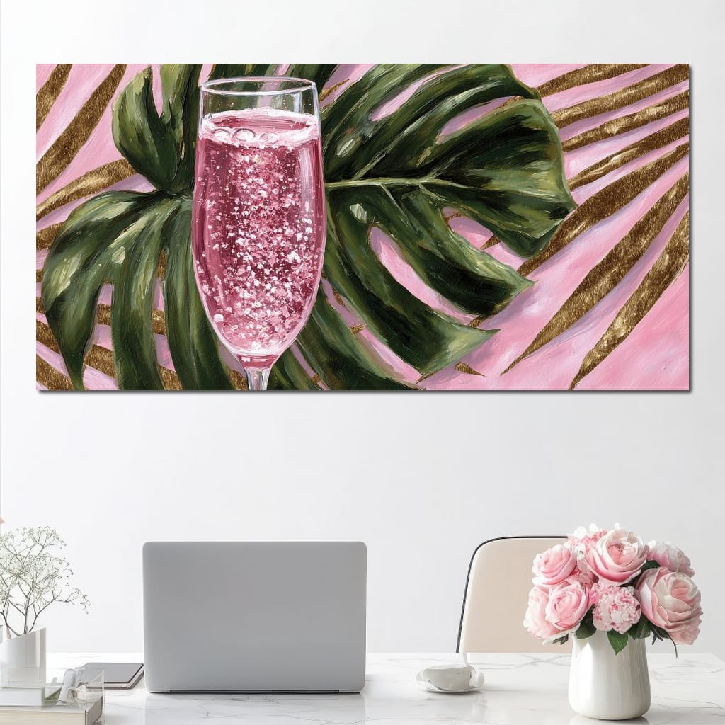 Pink Fizz Monstera Gold Canvas Wall Art