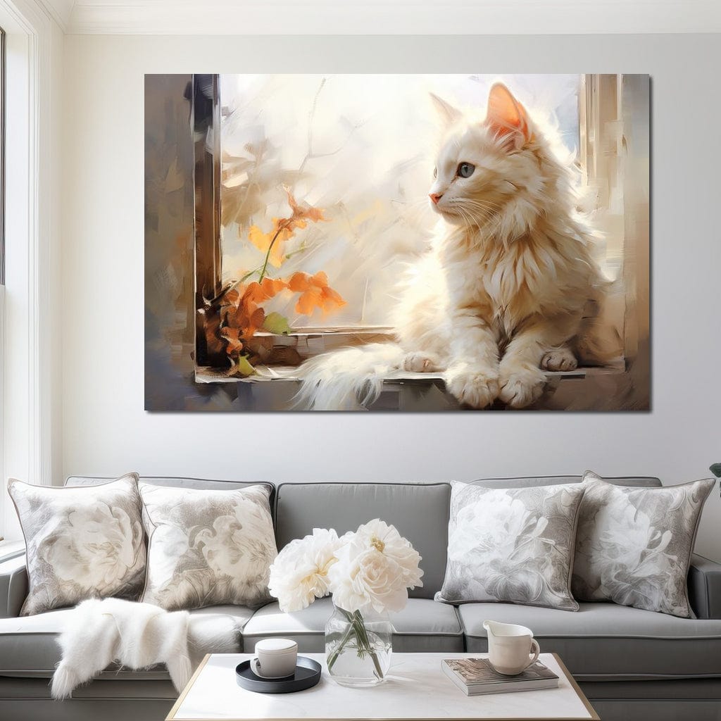White Cat Sitting on Windowsill Canvas Wall Art
