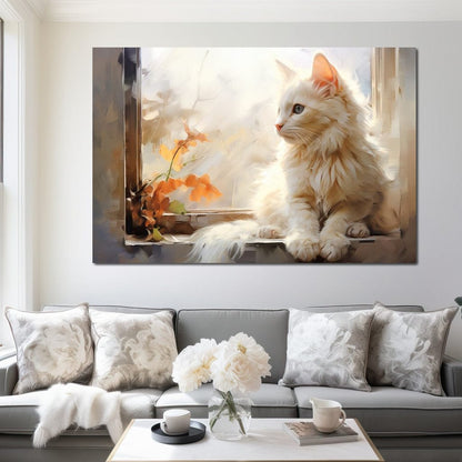 White Cat Sitting on Windowsill Canvas Wall Art
