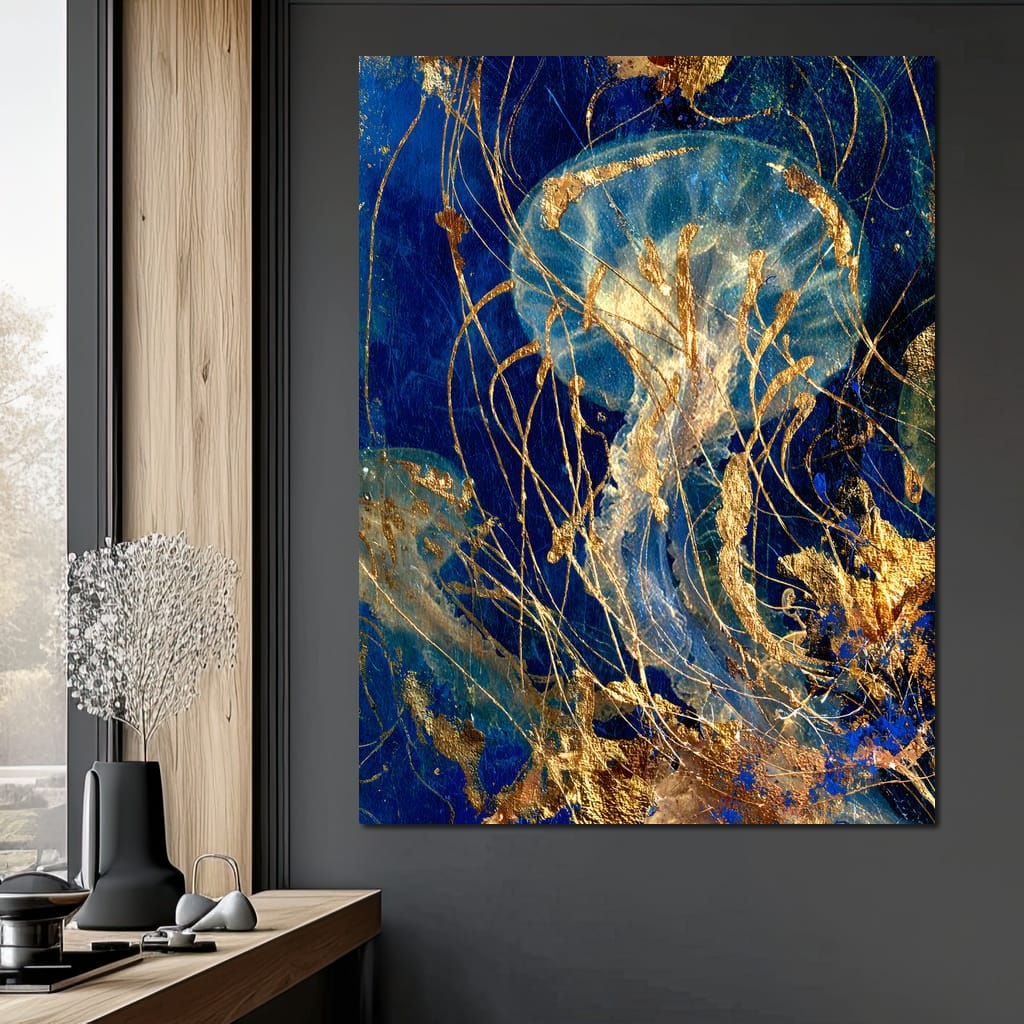 Golden Jellyfish Deep Blue Sea Canvas Wall Art