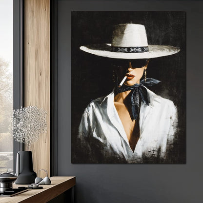 Noir Cowgirl Smoking Portrait Canvas Wall Art