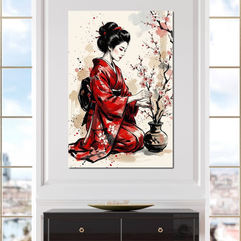 Japanese Woman with Cherry Blossoms Canvas Wall Art