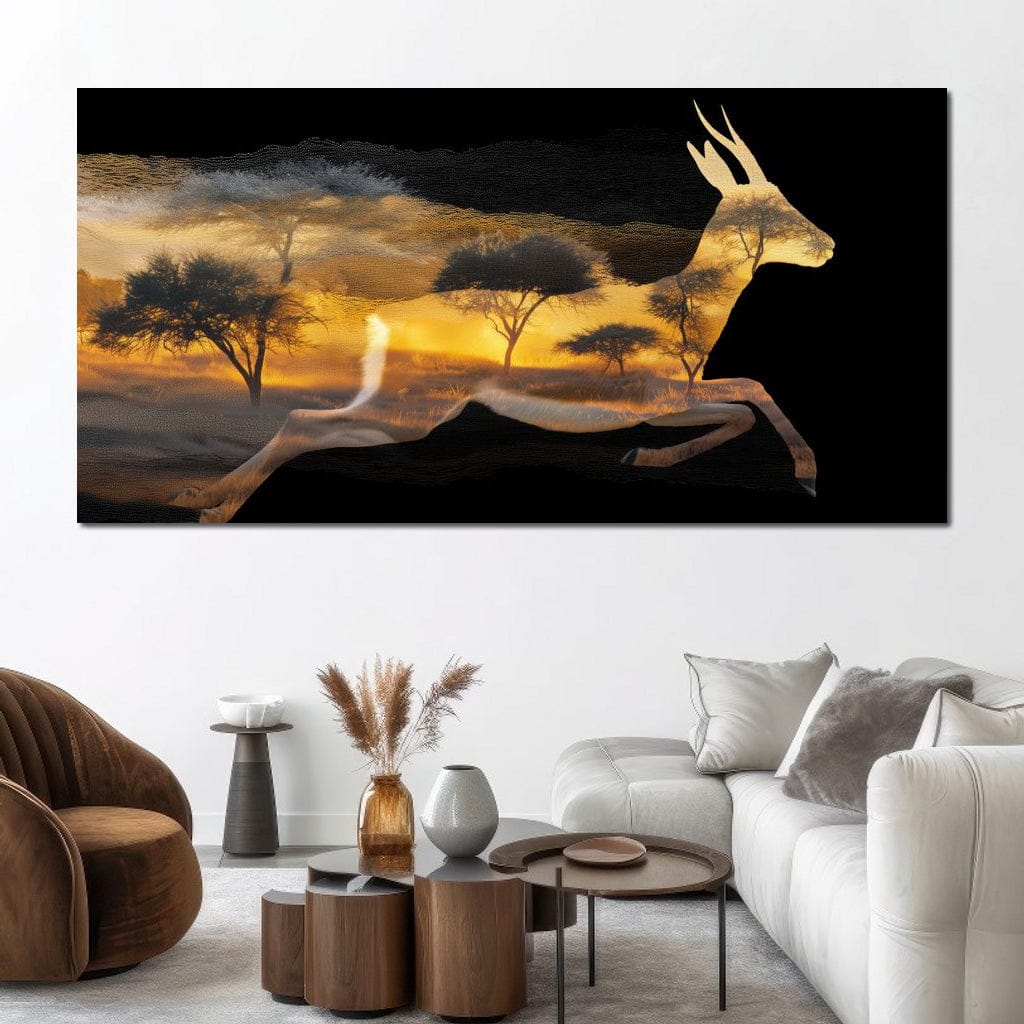 Golden Savanna Antelope Run Canvas Wall Art