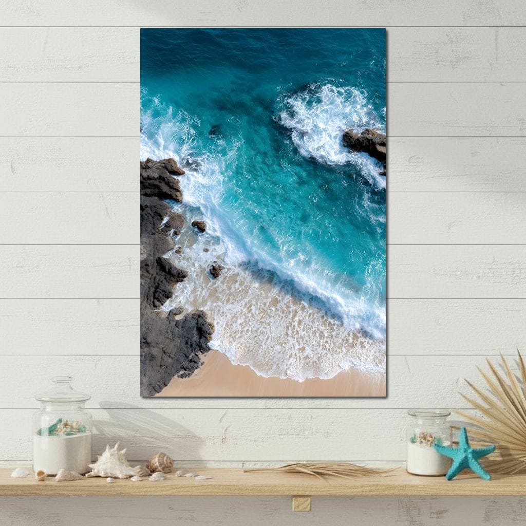 Turquoise Tide on Rock Shore Canvas Wall Art