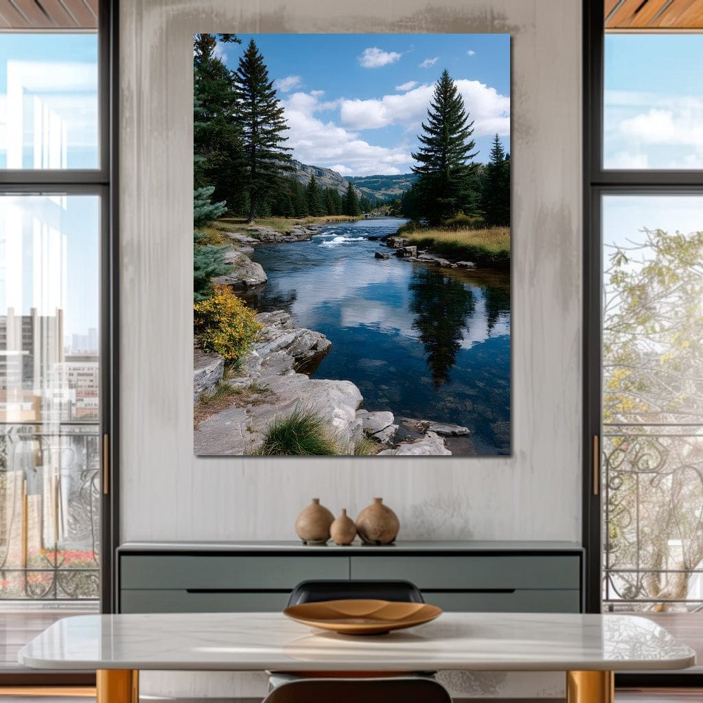 Mountain River Pines Reflection Canvas Wall Art