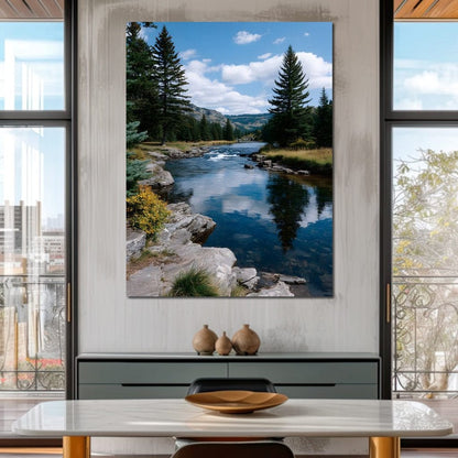 Mountain River Pines Reflection Canvas Wall Art