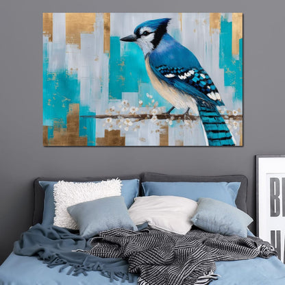 Blue Jay on Golden Birch Canvas Wall Art