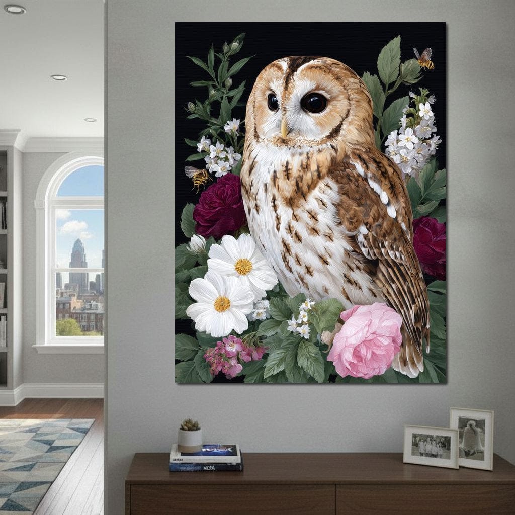 Barn Owl Floral Night Garden Canvas Wall Art