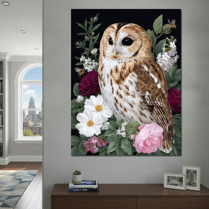 Barn Owl Floral Night Garden Canvas Wall Art