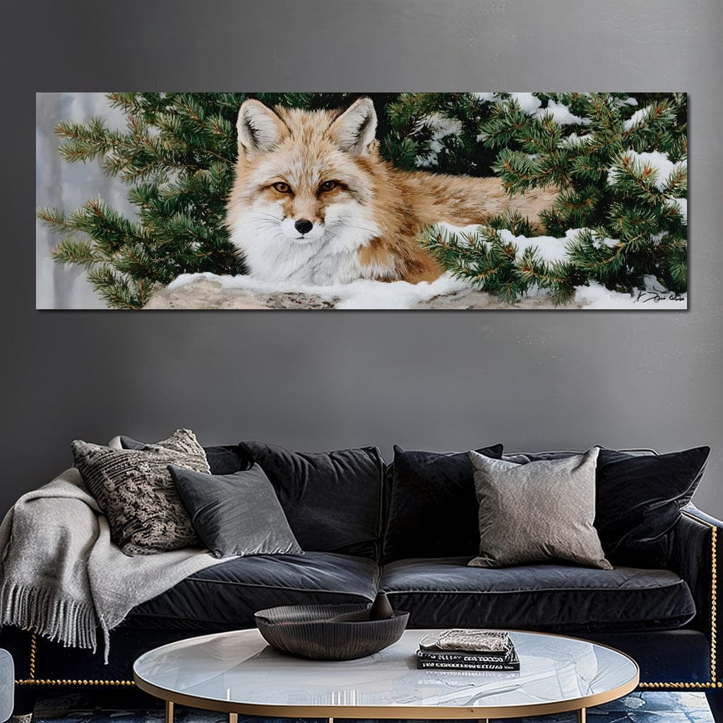 Winter Fox Under Pine Boughs Canvas Wall Art