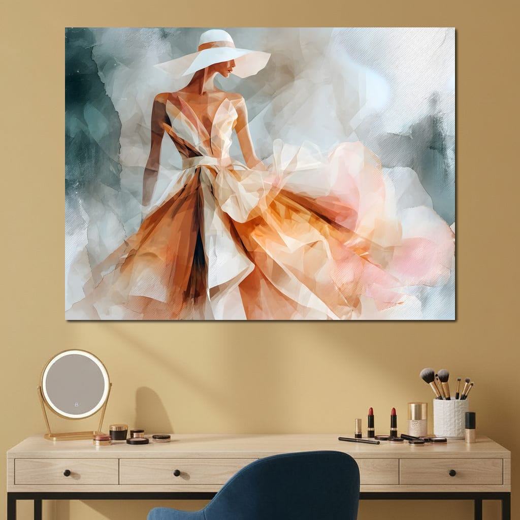 Sun Hat Lady in Peach Gown Canvas Wall Art