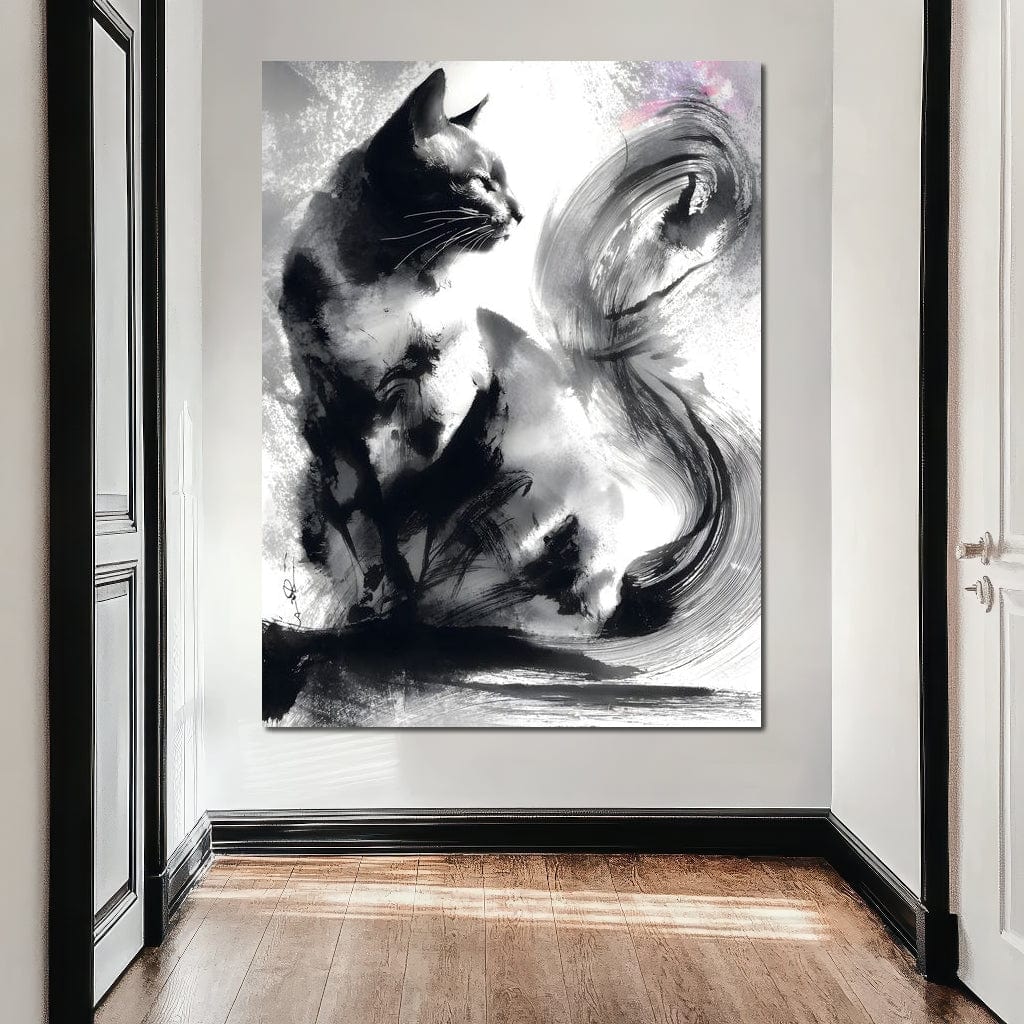 Sumi Ink Cat Reflecting Shadow Canvas Wall Art