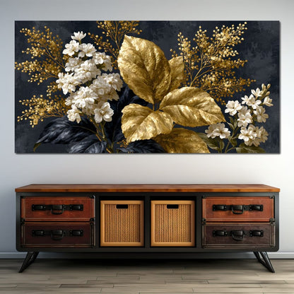 Gilded Foliage Upon Midnight Velvet Canvas Wall Art
