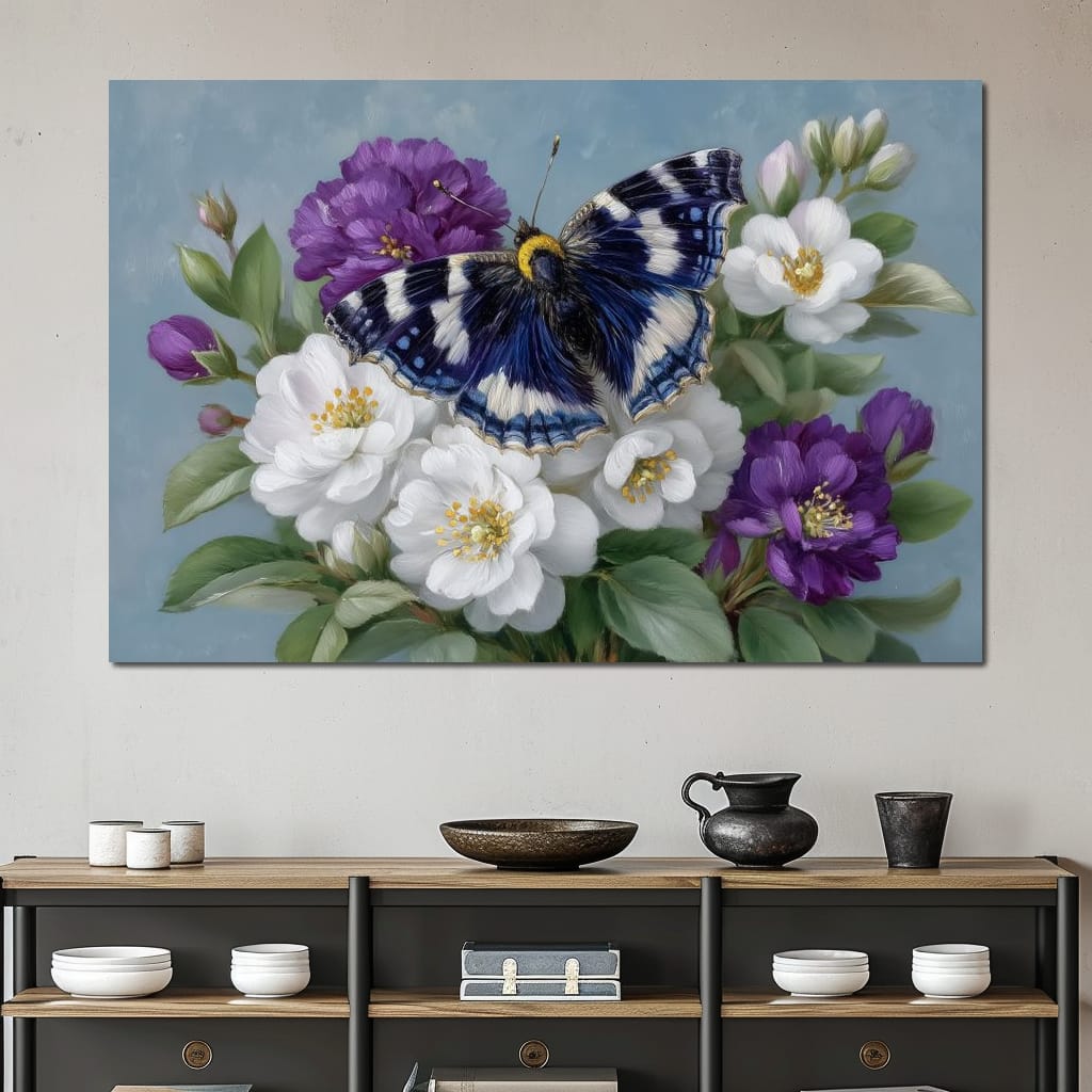 Blue Butterfly Garden Blossom Canvas Wall Art