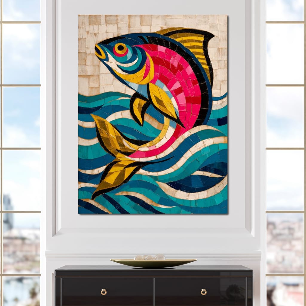 Vibrant Tropical Fish Mosaic Canvas Wall Art
