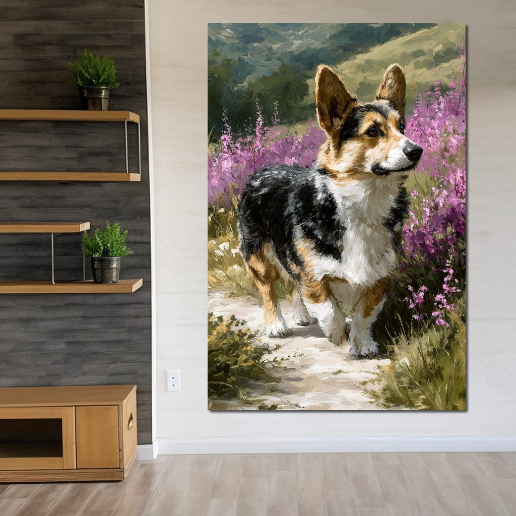 Corgi Along Heather Pathway Canvas Wall Art