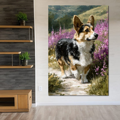 Corgi Along Heather Pathway Canvas Wall Art