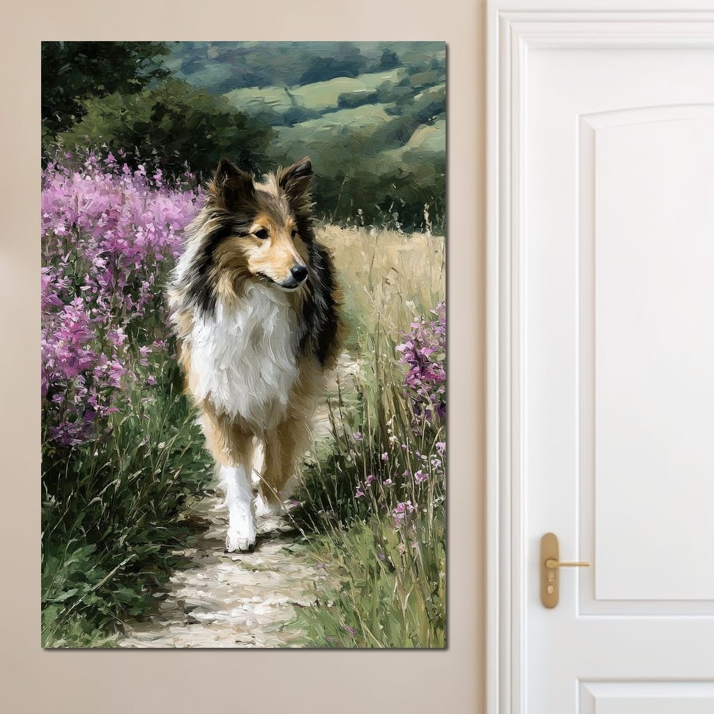 Sheltie Meadow Path Portrait Canvas Wall Art