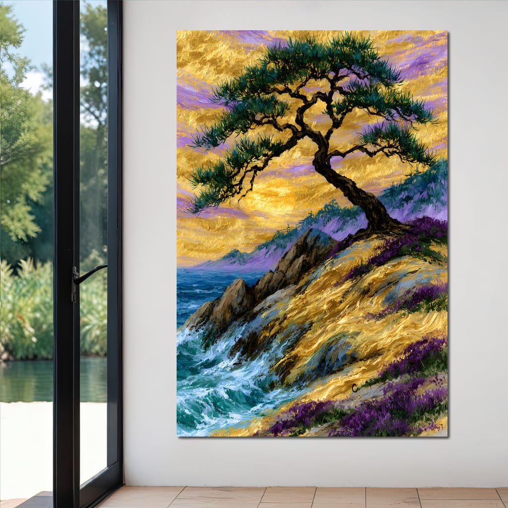 Golden Shoreline Beneath An Ancient Pine Canvas Wall Art