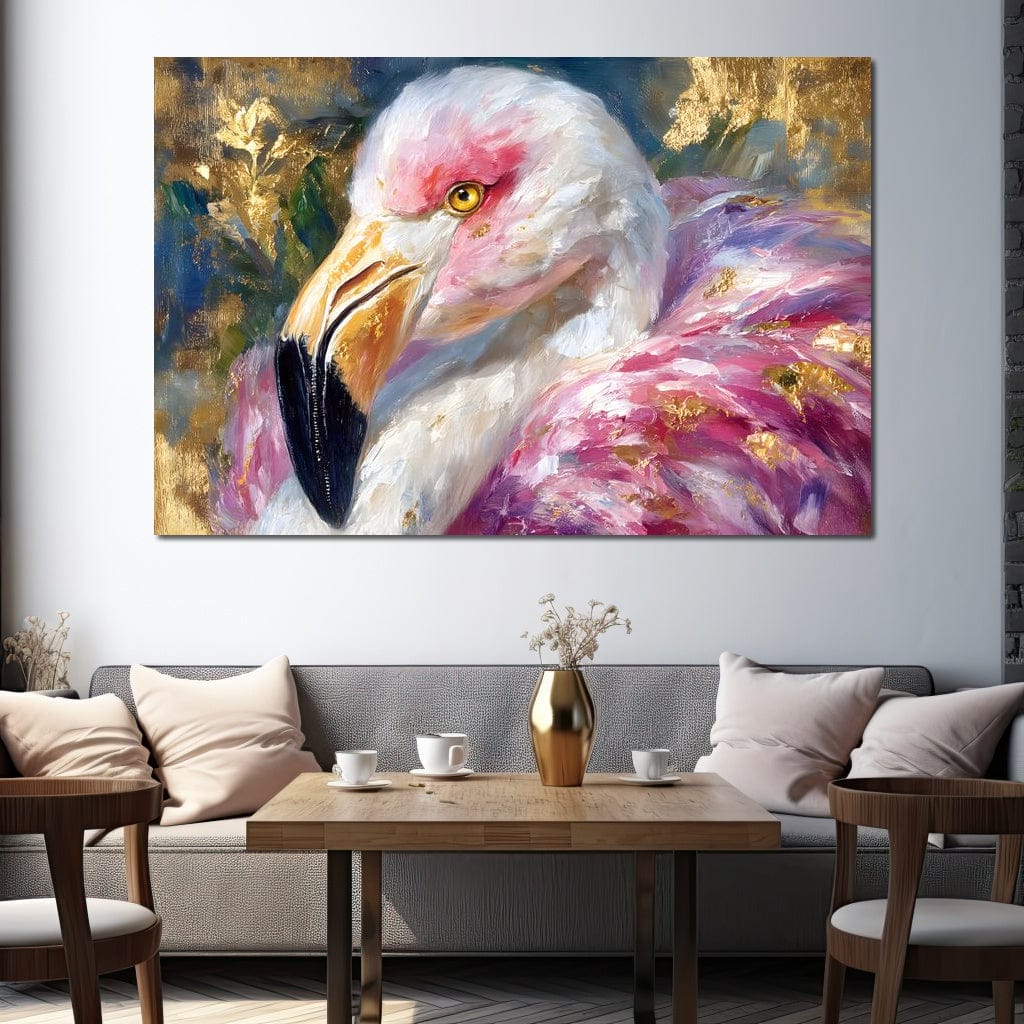 Golden Pink Flamingo Portrait Canvas Wall Art