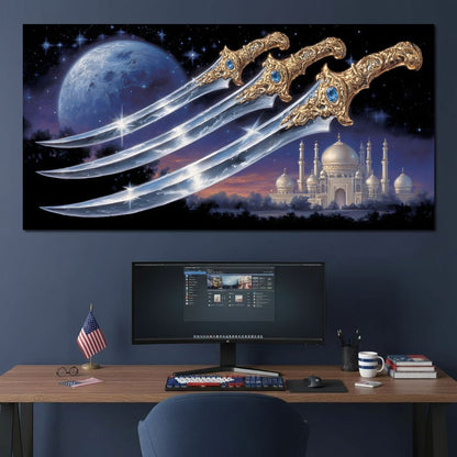 Moonlit Blades Over Golden Palace Canvas Wall Art