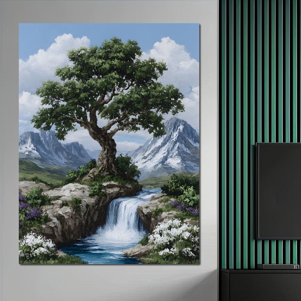Majestic Tree Mountain Falls Canvas Wall Art