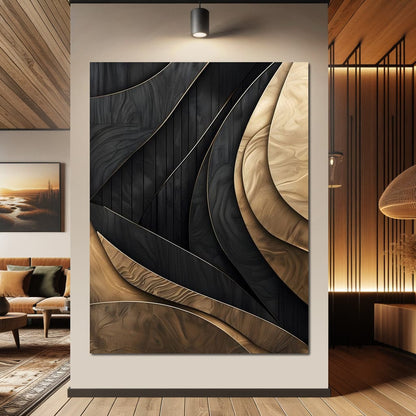 Grey and Gold Wooden Waves 004 Canvas Wall Art