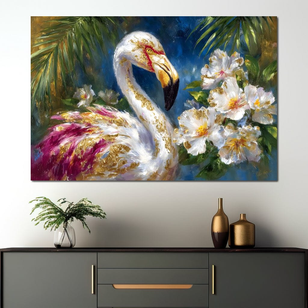 Gilded Flamingo Garden Glow Canvas Wall Art