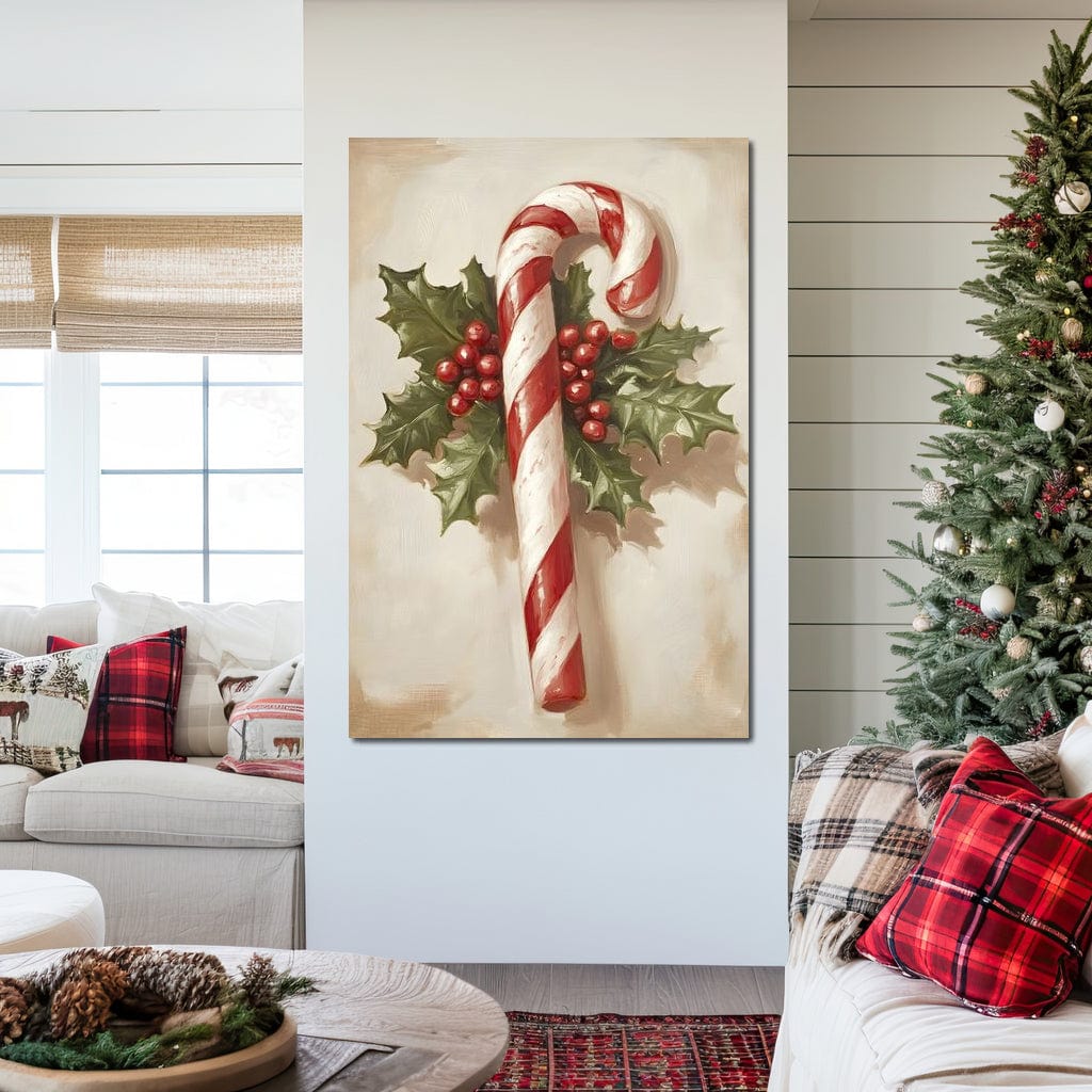 Christmas Candy Cane Holly Joy Canvas Wall Art