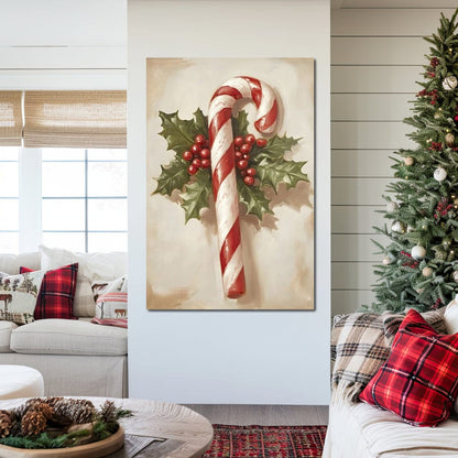 Christmas Candy Cane Holly Joy Canvas Wall Art