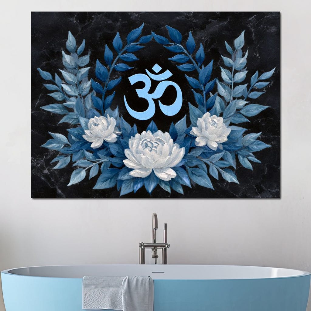 Om Symbol Blue Lotus Wreath Canvas Wall Art