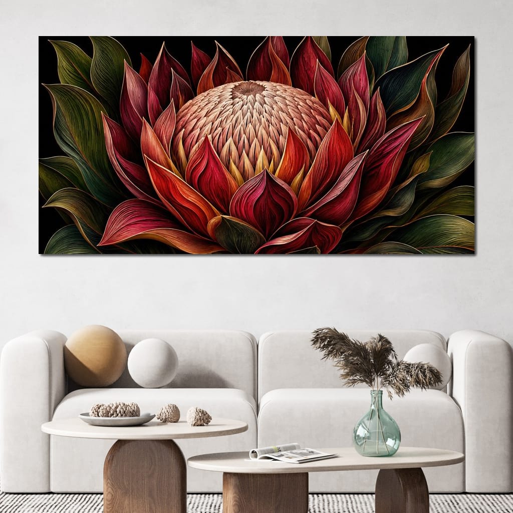 Crimson Protea Flame Crown Canvas Wall Art