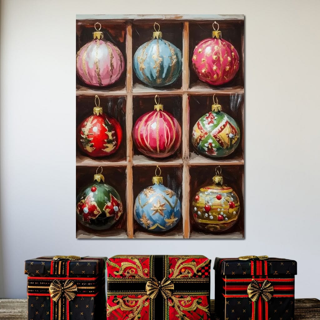 Vintage Christmas Ornaments Grid Canvas Wall Art