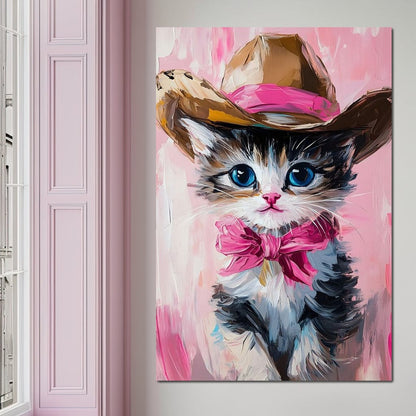 Cowboy Kitten Pink Bow Charm Canvas Wall Art