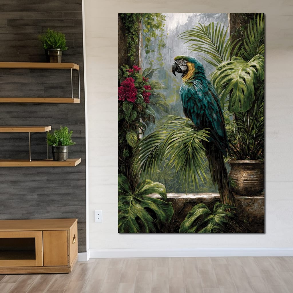 Rainforest Macaw Perch Scene Canvas Wall Art