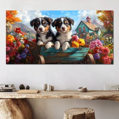 Puppy Paradise in Bloom Canvas Wall Art