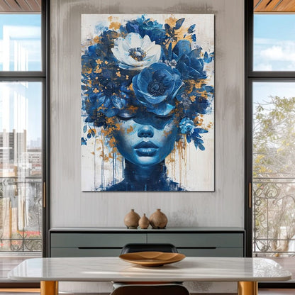 Sapphire Bloom Silhouette Canvas Wall Art