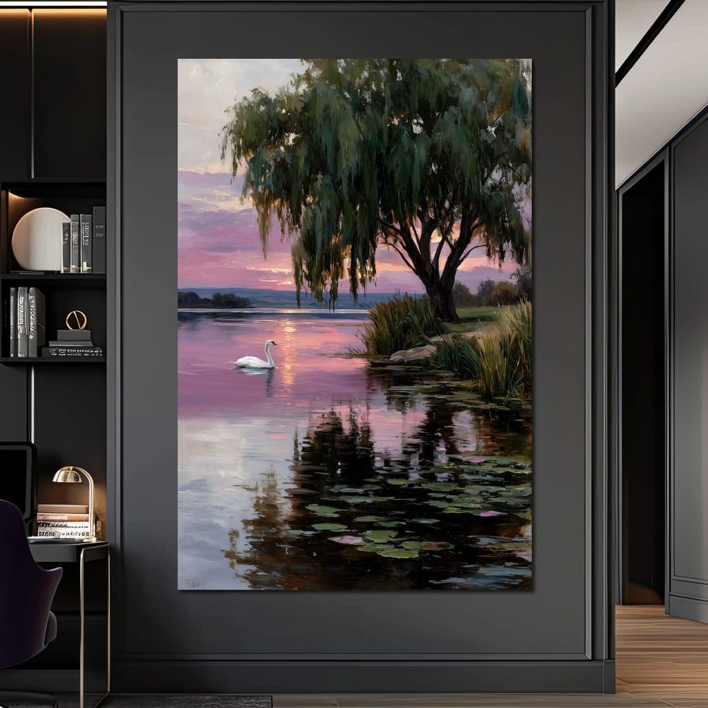 Swan Lake Sunset Willow Tree Canvas Wall Art