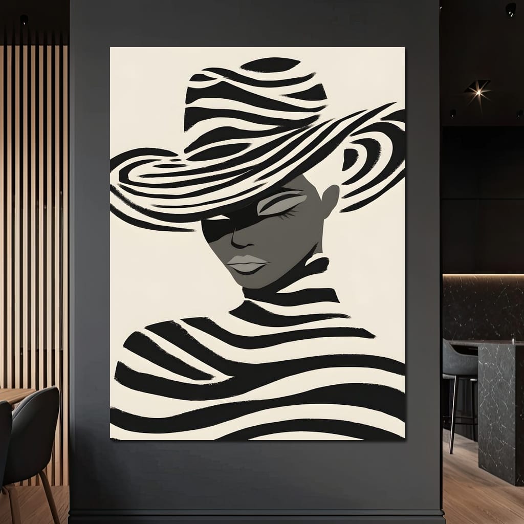 Monochrome Zebra Hat Lady Canvas Wall Art