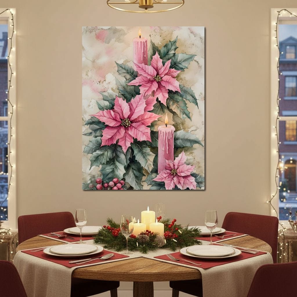 Festive Poinsettia Candle Glow Canvas Wall Art
