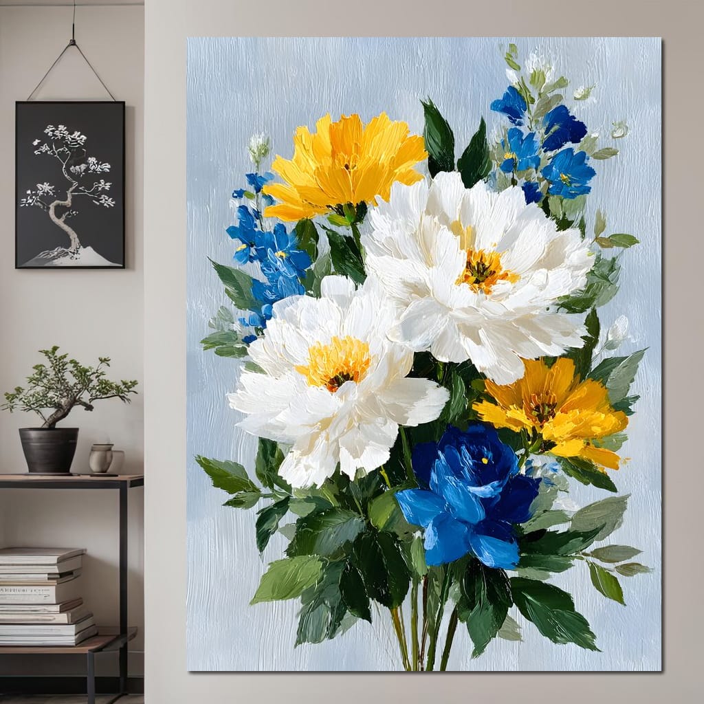Golden White Blue Garden Posey Canvas Wall Art