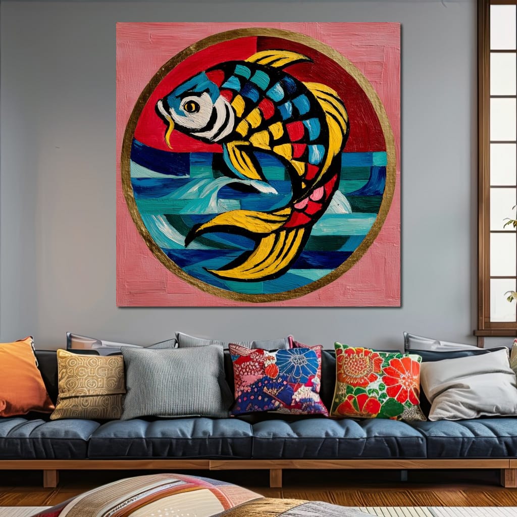 Colorful Koi Fish Mosaic Wave Canvas Wall Art