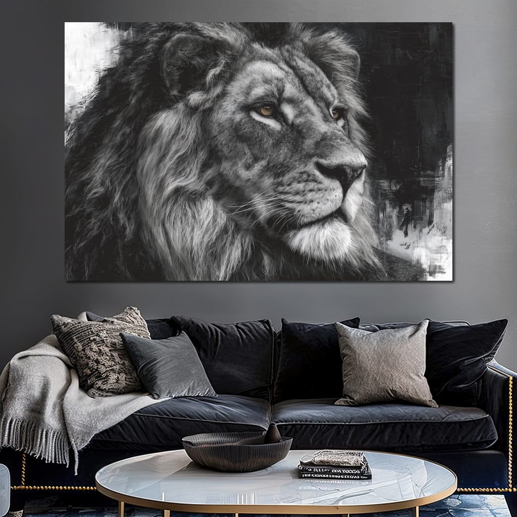 Regal Lion Monochrome Portrait Canvas Wall Art