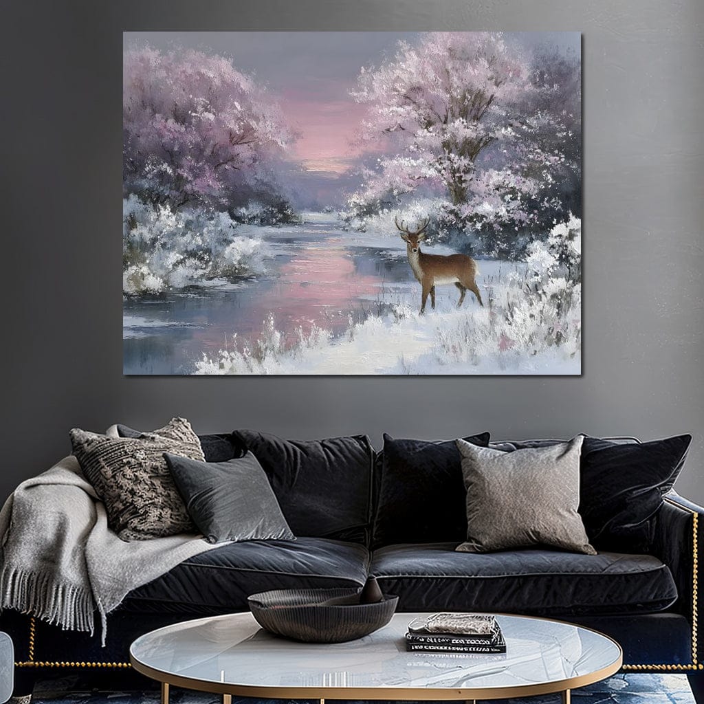 Winter River Deer Sunset Glow Canvas Wall Art