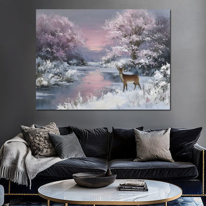 Winter River Deer Sunset Glow Canvas Wall Art