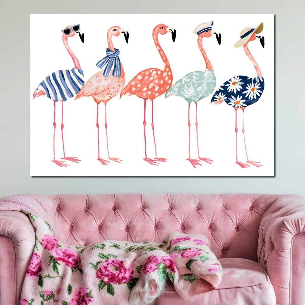 Five Stylish Flamingos on Summer Vacation Canvas Wall Art